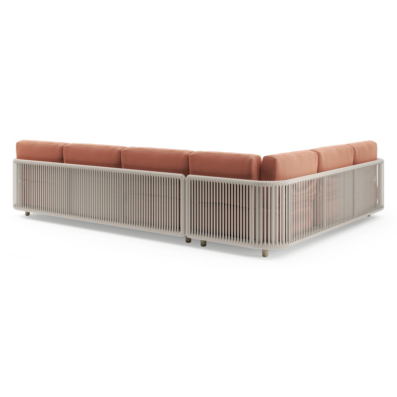 Organo loungehoek in beige aluminium en beige verticaal geweven luxe vlakke rope met heritage rust all weather Sunbrella® luxe kussen