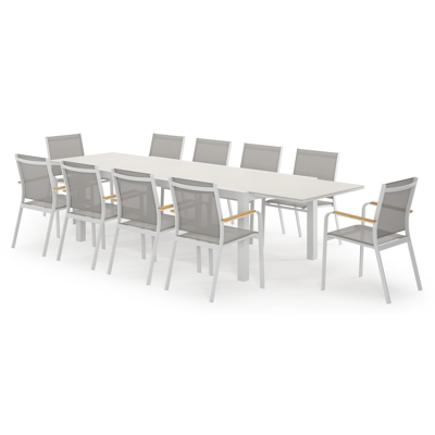 Calobra rechthoekige uitschuifbare tuinset in wit aluminium en sintered stone crema minerale met 10 Amalfi tuinstoelen