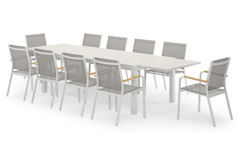 Calobra rechthoekige uitschuifbare tuinset in wit aluminium en sintered stone crema minerale met 10 Amalfi tuinstoelen