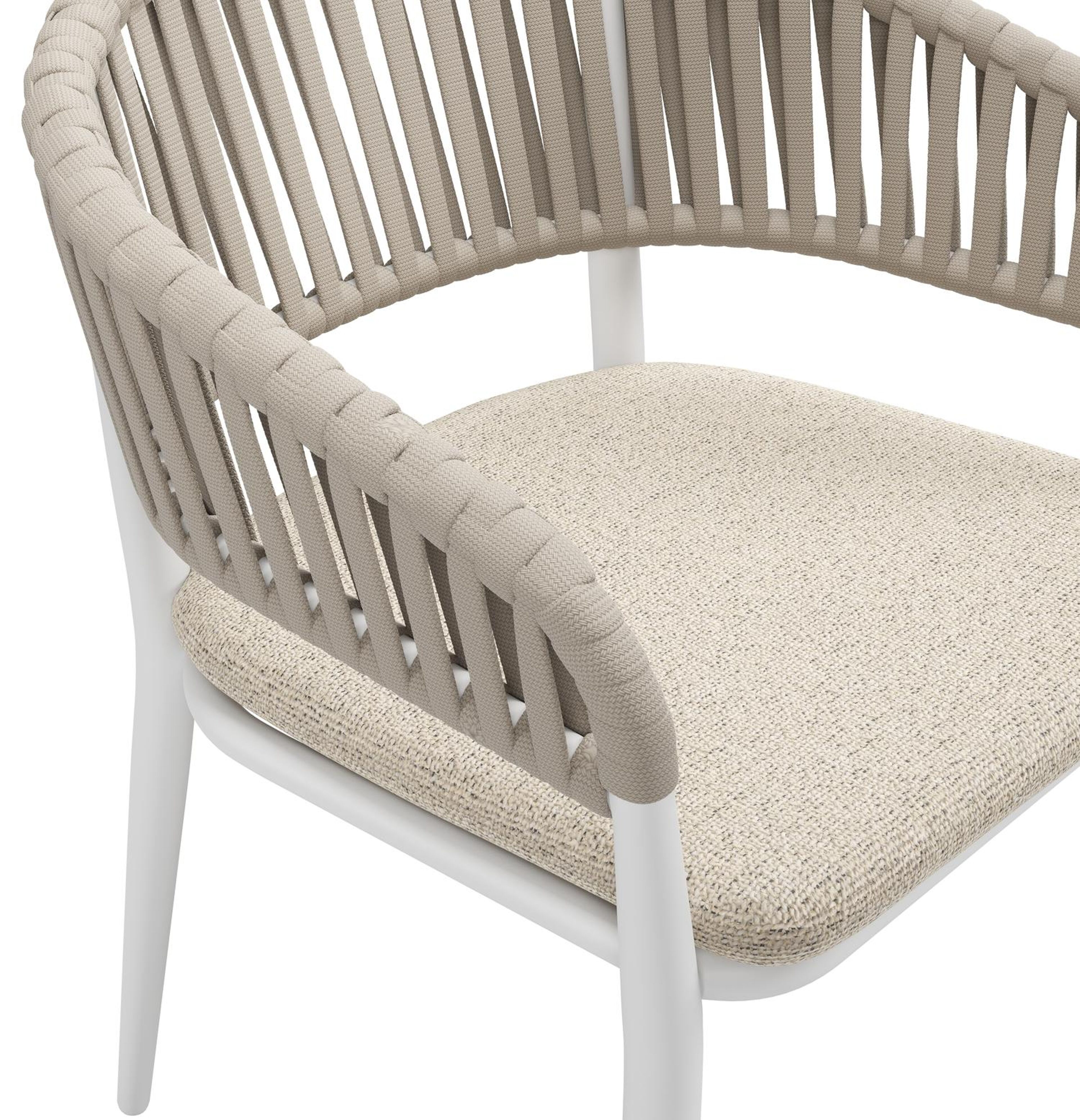 Tolfa stapelbare tuinstoel in wit aluminium en beige verticaal geweven luxe vlakke brede rope met stoelkussen in All Weather Cosytica Marbella Beige