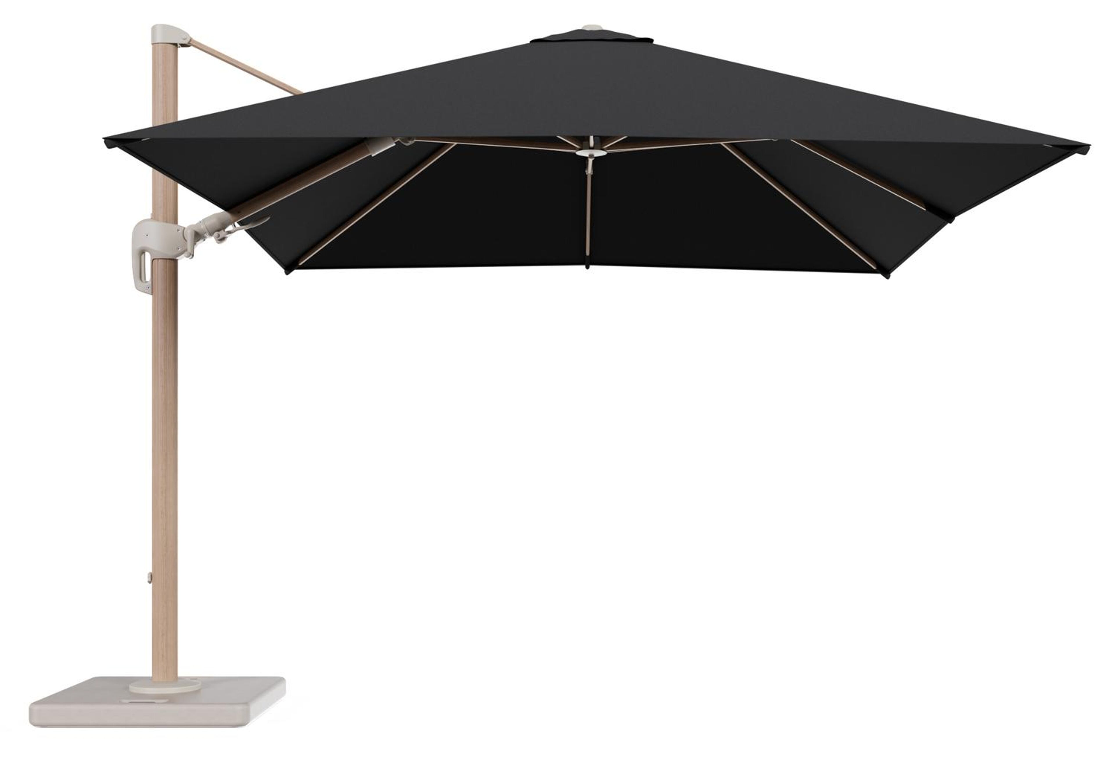 Rufina zweefparasol tiltfunctie in houtlook aluminium en parasoldoek in All Weather Sunbrella® Luxe Natte Sooty - L1 300 x L2 300 cm met parasolvoet Lapido 120 kg