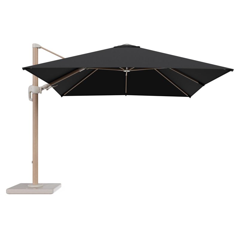 Rufina zweefparasol tiltfunctie in houtlook aluminium en parasoldoek in All Weather Sunbrella® Luxe Natte Sooty - L1 300 x L2 300 cm met parasolvoet Lapido 120 kg