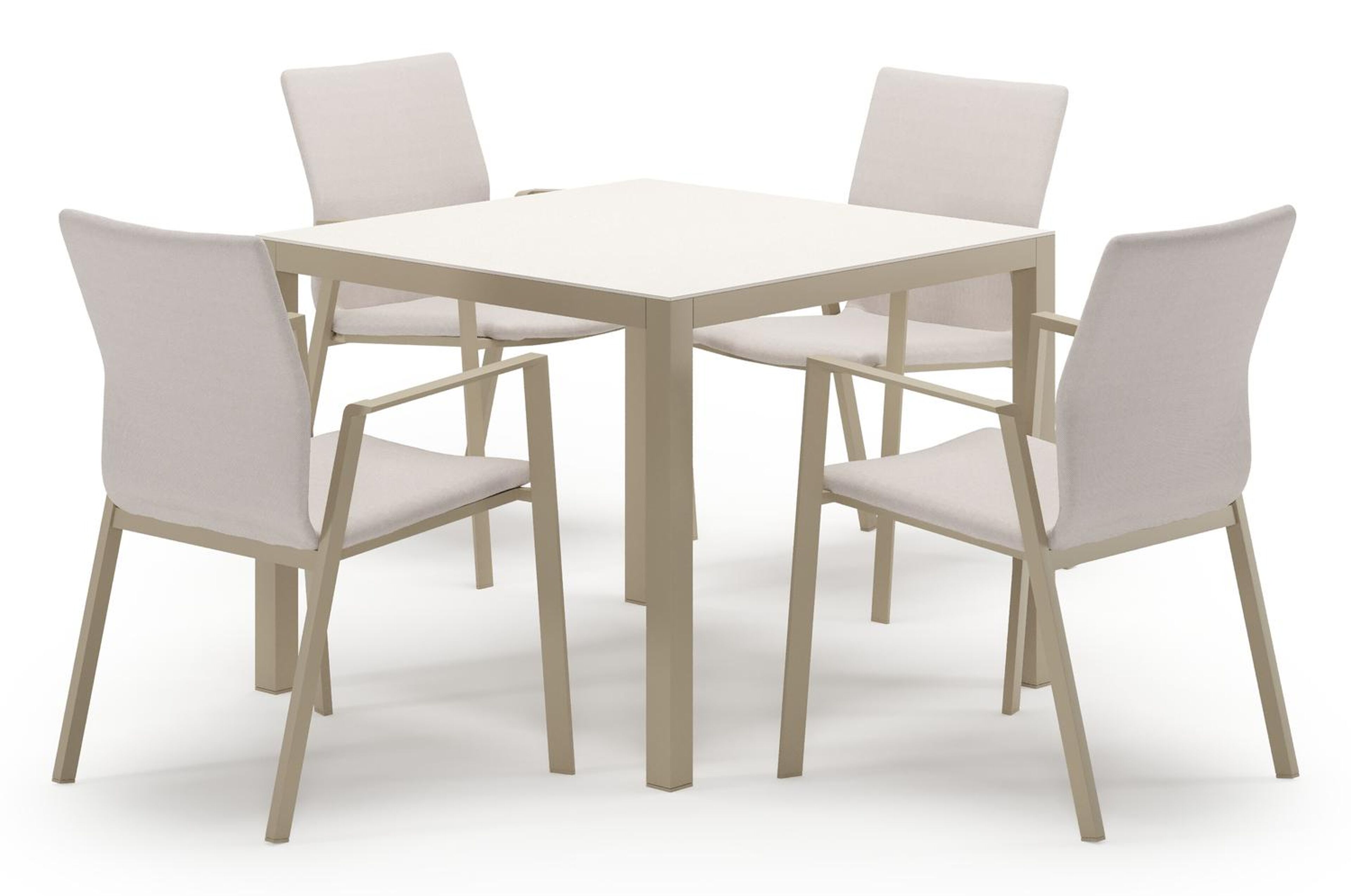 Feltro tuinset in beige aluminium en crema minerale sintered stone met 4 stapelbare Madura tuinstoelen