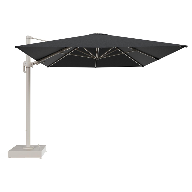 Rufina zweefparasol met tiltfunctie in beige aluminium en Chartres Sooty All Weather Sunbrella® Luxe parasoldoek - L1 400 x L2 300 cm met parasolvoet Minore 150 kg met wielen