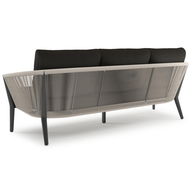 Orso loungebank in zwart aluminium en beige verticaal geweven ronde rope met Heritage Char all weather sunbrella® luxe kussen