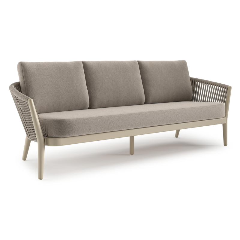 Orso loungebank in beige aluminium en beige verticaal geweven ronde rope met Savane Coconut all weather sunbrella® luxe kussen