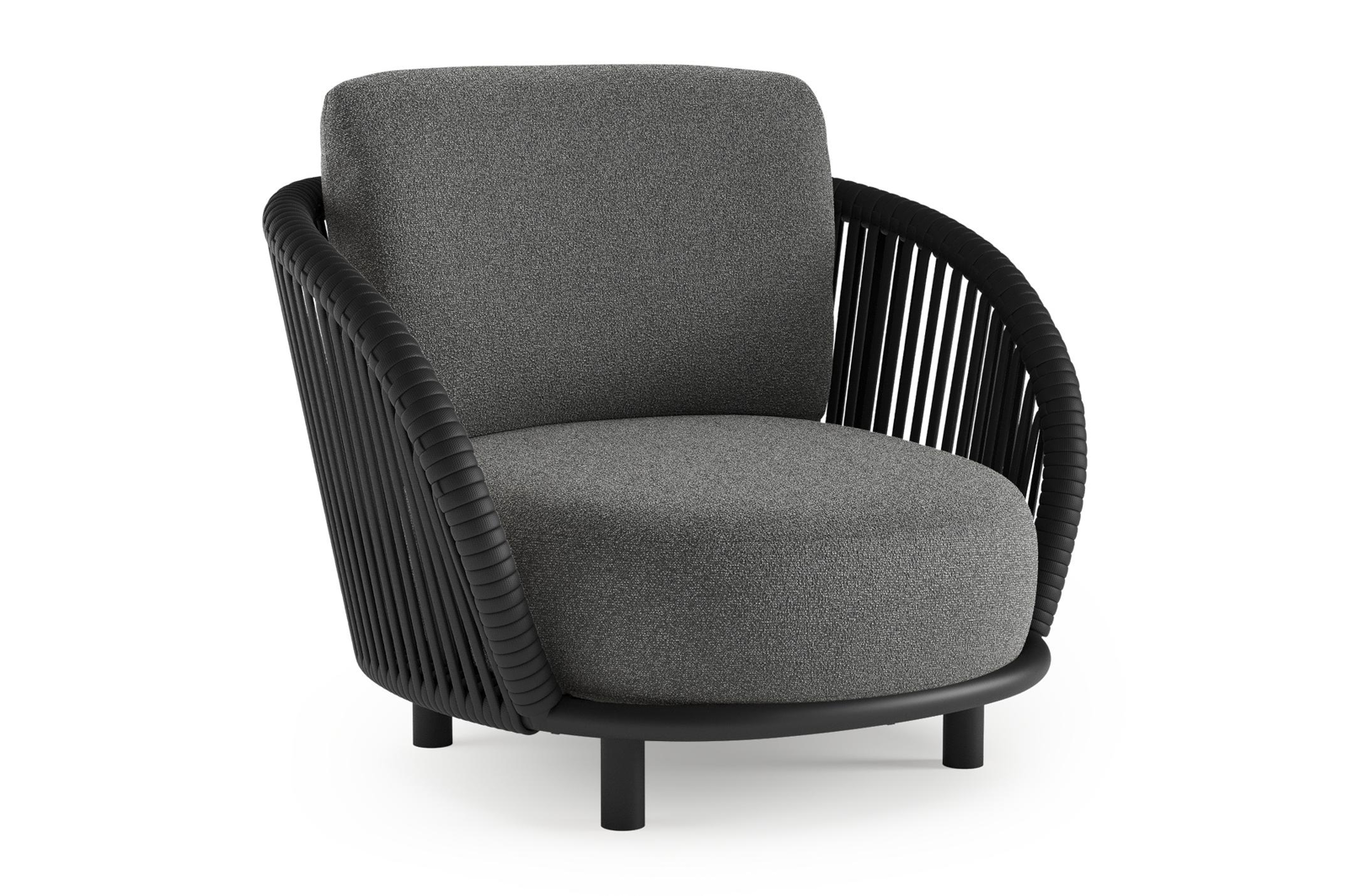 Lupino loungestoel in zwart aluminium en zwart verticaal geweven luxe vlakke brede rope met catania black all weather cosytica kussen