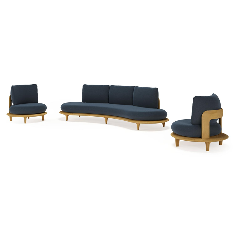 Bomero loungeset in teak met heritage indigo all weather sunbrella® luxe kussen