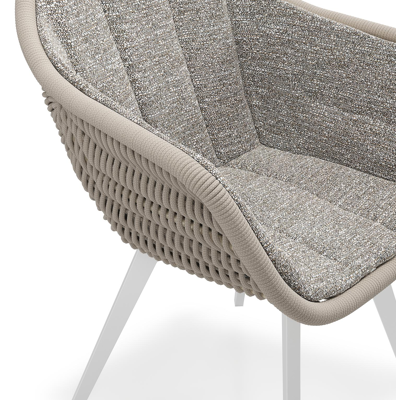 Pagino tuinstoel in wit aluminium en beige verticaal geweven ronde rope met zitkussen in All Weather Sunbrella® Luxe Tundra Pepper