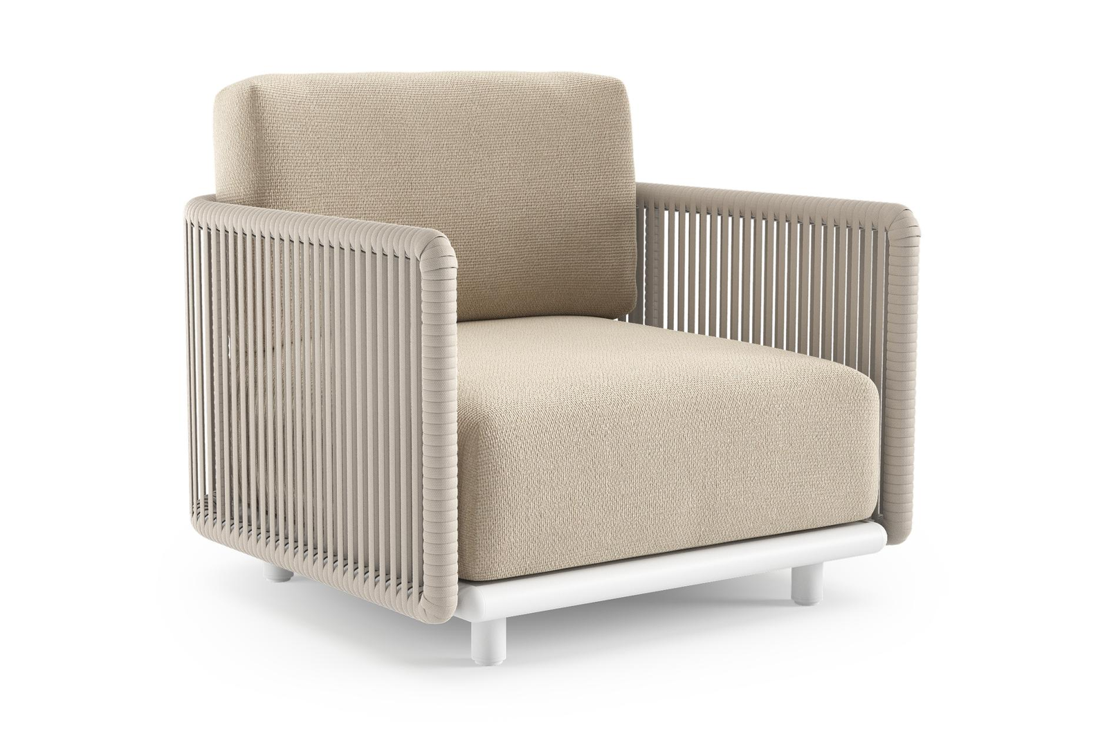 Fauteuil de jardin Organo en aluminium blanc et corde luxe plate tissée verticalement beige et coussin en all weather Cosytica althea chalk