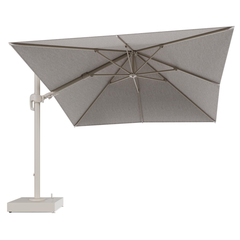 Rufina zweefparasol met tiltfunctie in beige aluminium en Tundra Sand All Weather Sunbrella® Luxe parasoldoek - L1 300 x L2 300 cm met parasolvoet Minore 150 kg met wielen