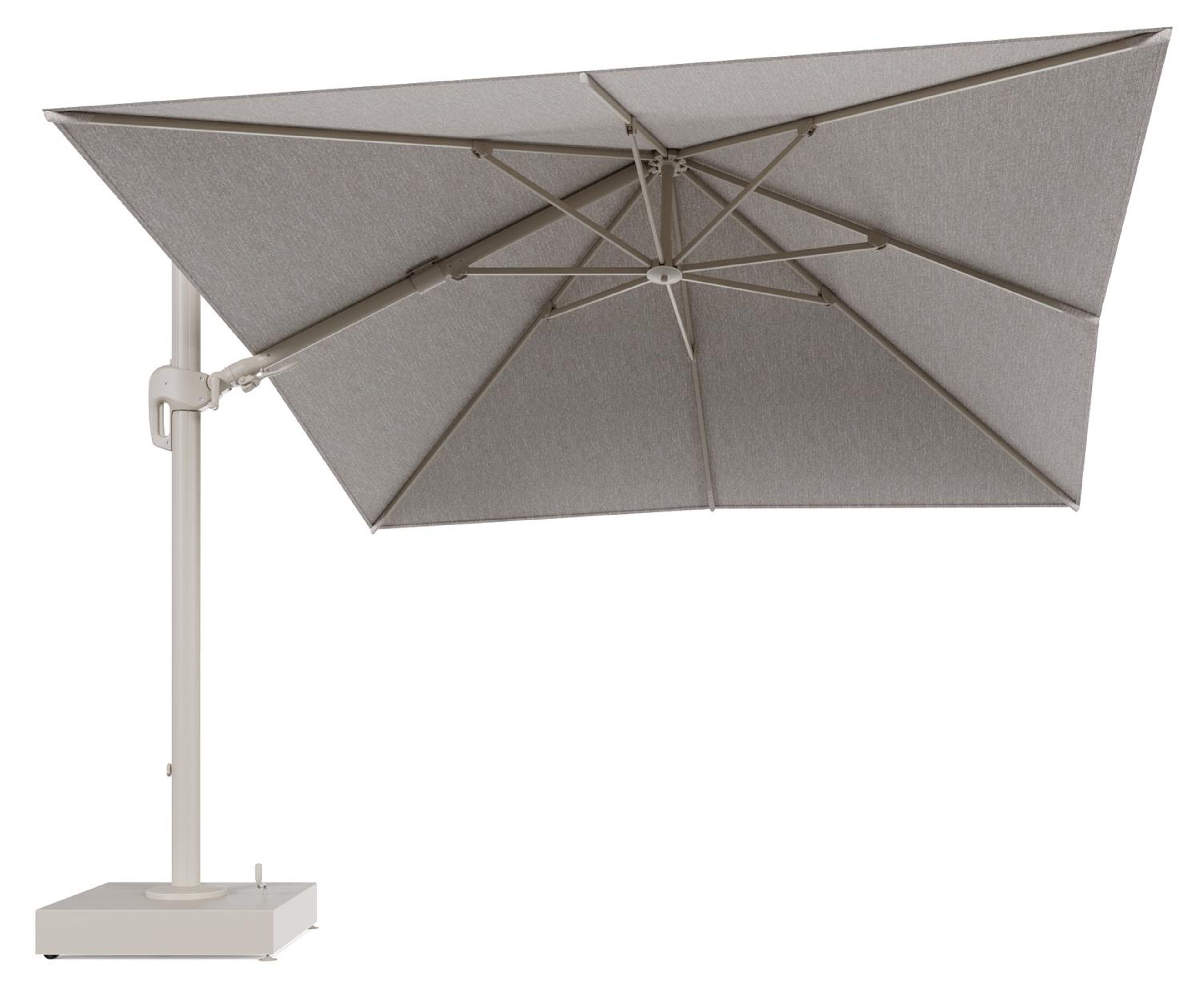Rufina zweefparasol met tiltfunctie in beige aluminium en Tundra Sand All Weather Sunbrella® Luxe parasoldoek - L1 300 x L2 300 cm met parasolvoet Minore 150 kg met wielen