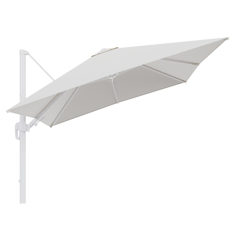 Rufina zweefparasol tiltfunctie in wit aluminium en parasoldoek in All Weather Sunbrella® Luxe Savane White - L1 300 x L2 300 cm (zonder voet)