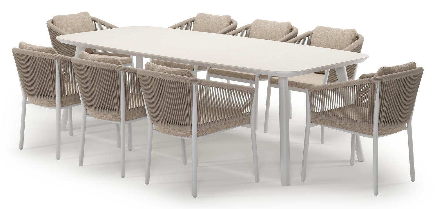 Mosa tuinset in wit aluminium en crema minerale sintered stone met 8 Gerona tuinstoelen