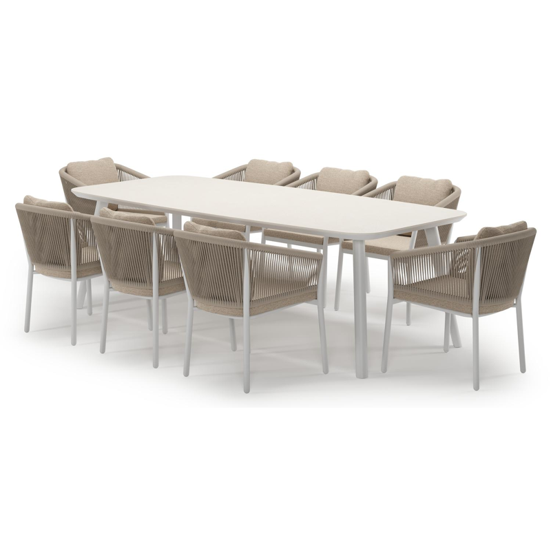 Mosa tuinset in wit aluminium en crema minerale sintered stone met 8 Gerona tuinstoelen