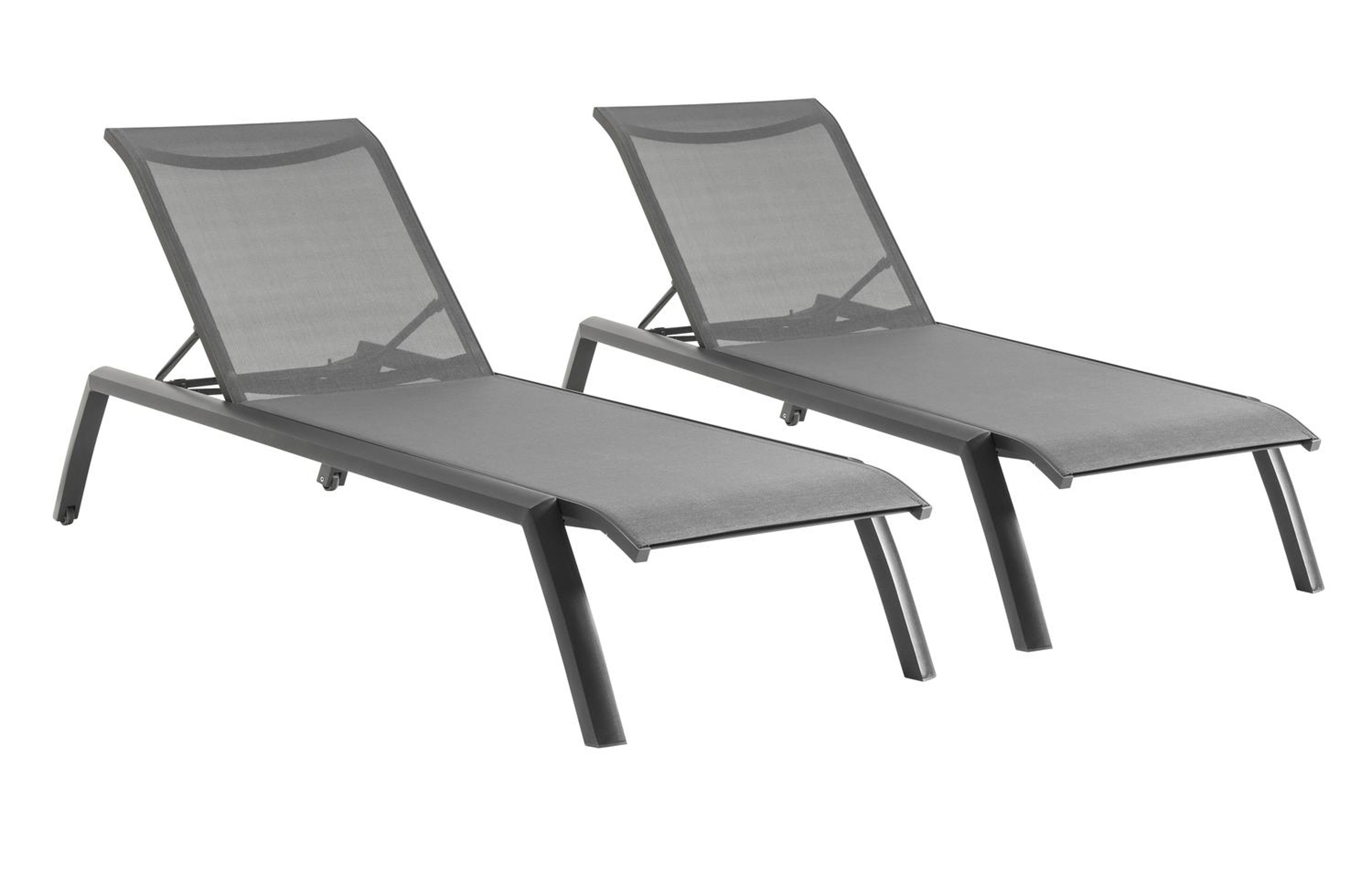 Ensemble de 2 chaises longues réglables Bari en aluminium noir avec textilène gris