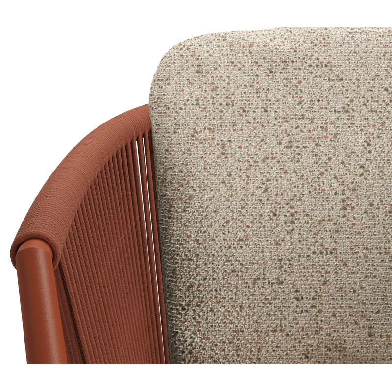 Chaise de jardin Orso en aluminium brun rouille et corde ronde tissée verticalement brun rouille avec coussin luxe en All Weather Cosytica Bora Jungle