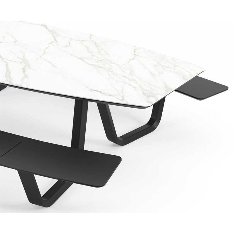 Forno picknicktafel bootvorm in zwart aluminium en volkeramiek Calacatta - L 280 x B 192 x H 72 cm
