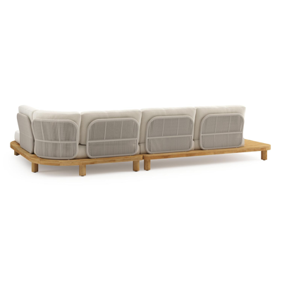 Donato loungehoek in teak en beige verticaal geweven ronde rope met all weather cosytica Althea Off White kussen