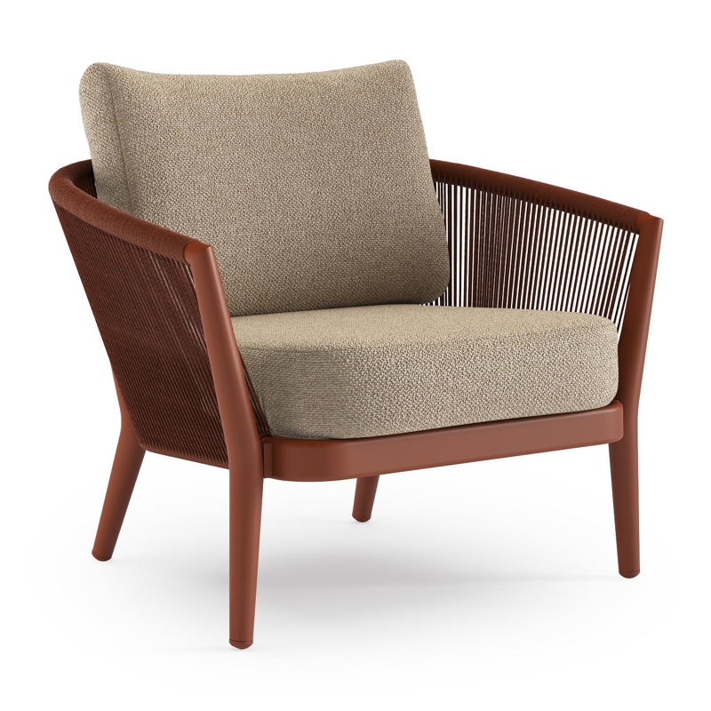 Orso loungestoel in roestbruin aluminium en roestbruin verticaal geweven ronde rope met Madagascar Oak all weather cosytica kussen