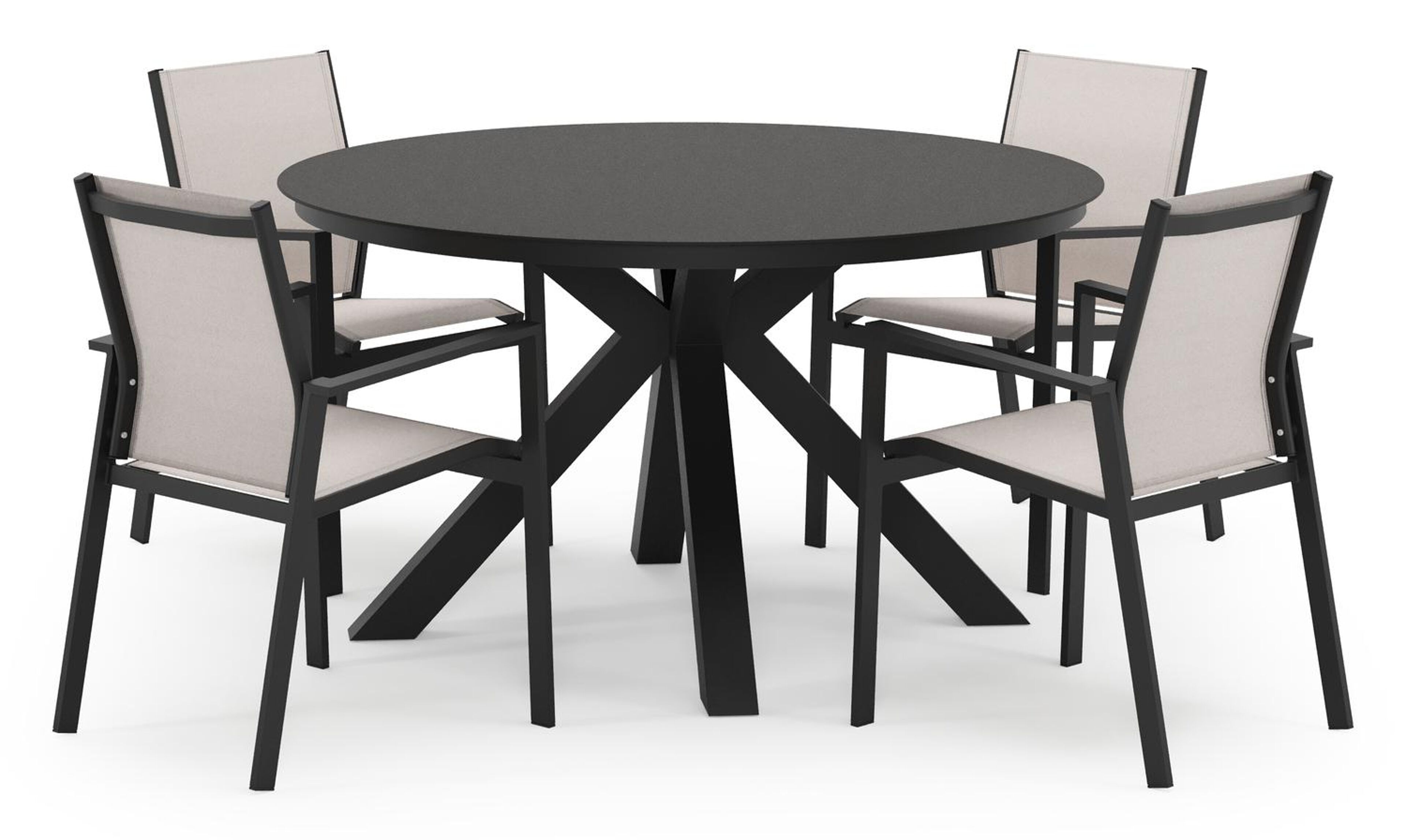 Tora tuinset in zwart aluminium en zwart sintered stone met 4 stapelbare Bahia tuinstoelen