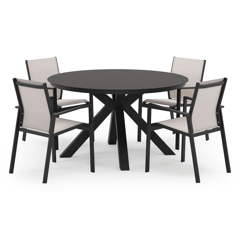 Tora tuinset in zwart aluminium en zwart sintered stone met 4 stapelbare Bahia tuinstoelen