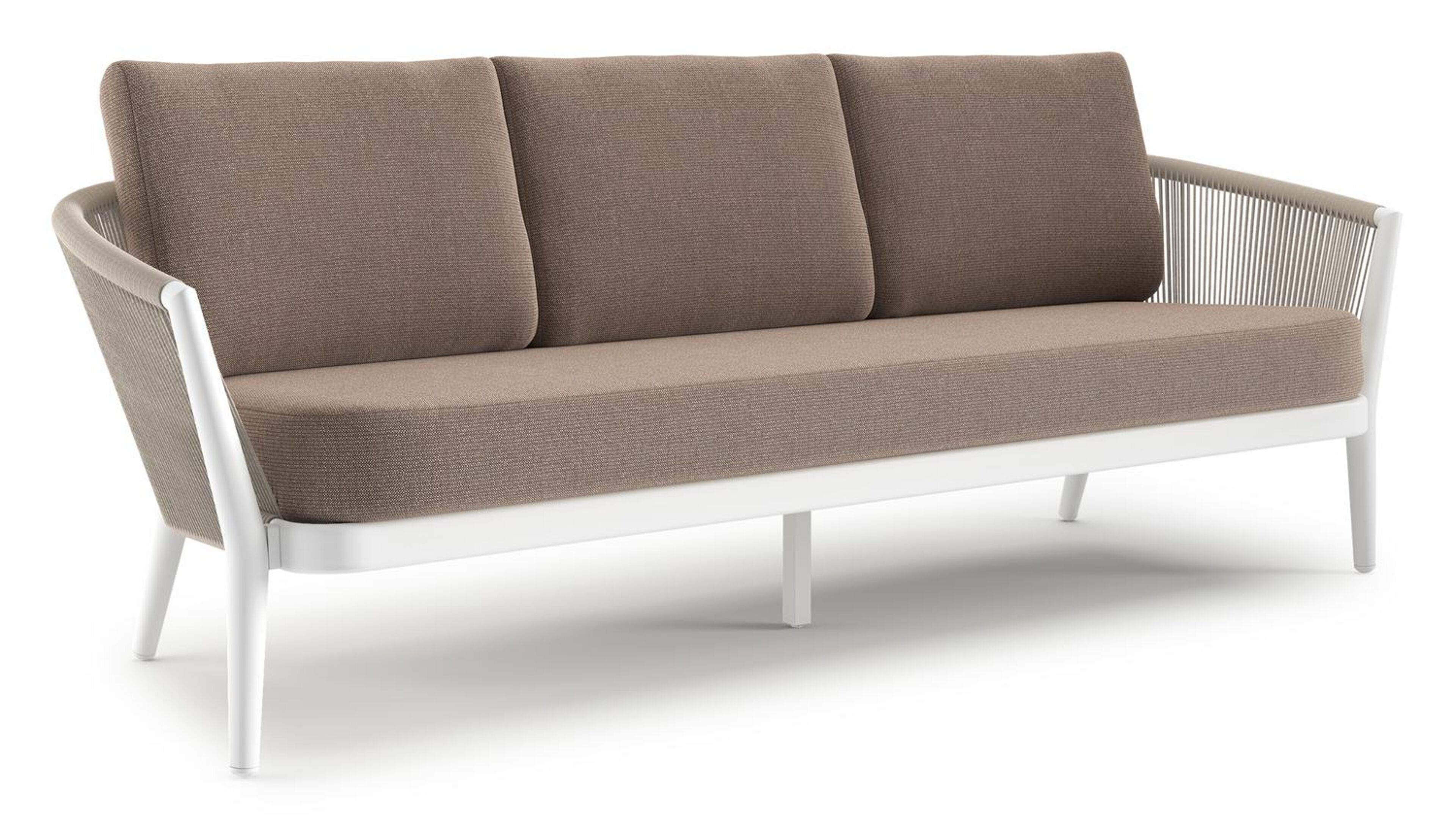 Orso loungebank in wit aluminium en beige verticaal geweven ronde rope met Savane Earth all weather sunbrella® luxe kussen