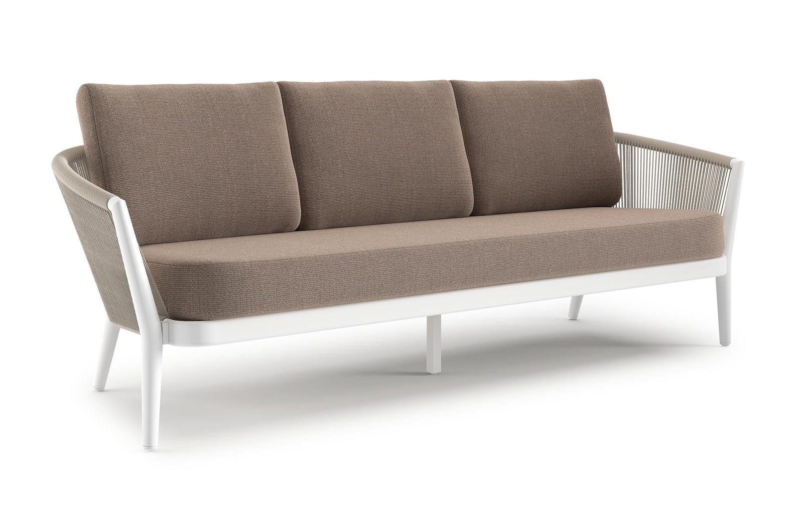 Canapé de jardin Orso en aluminium blanc en corde ronde tissée verticalement beige et coussins en all weather sunbrella® luxe Savane Earth