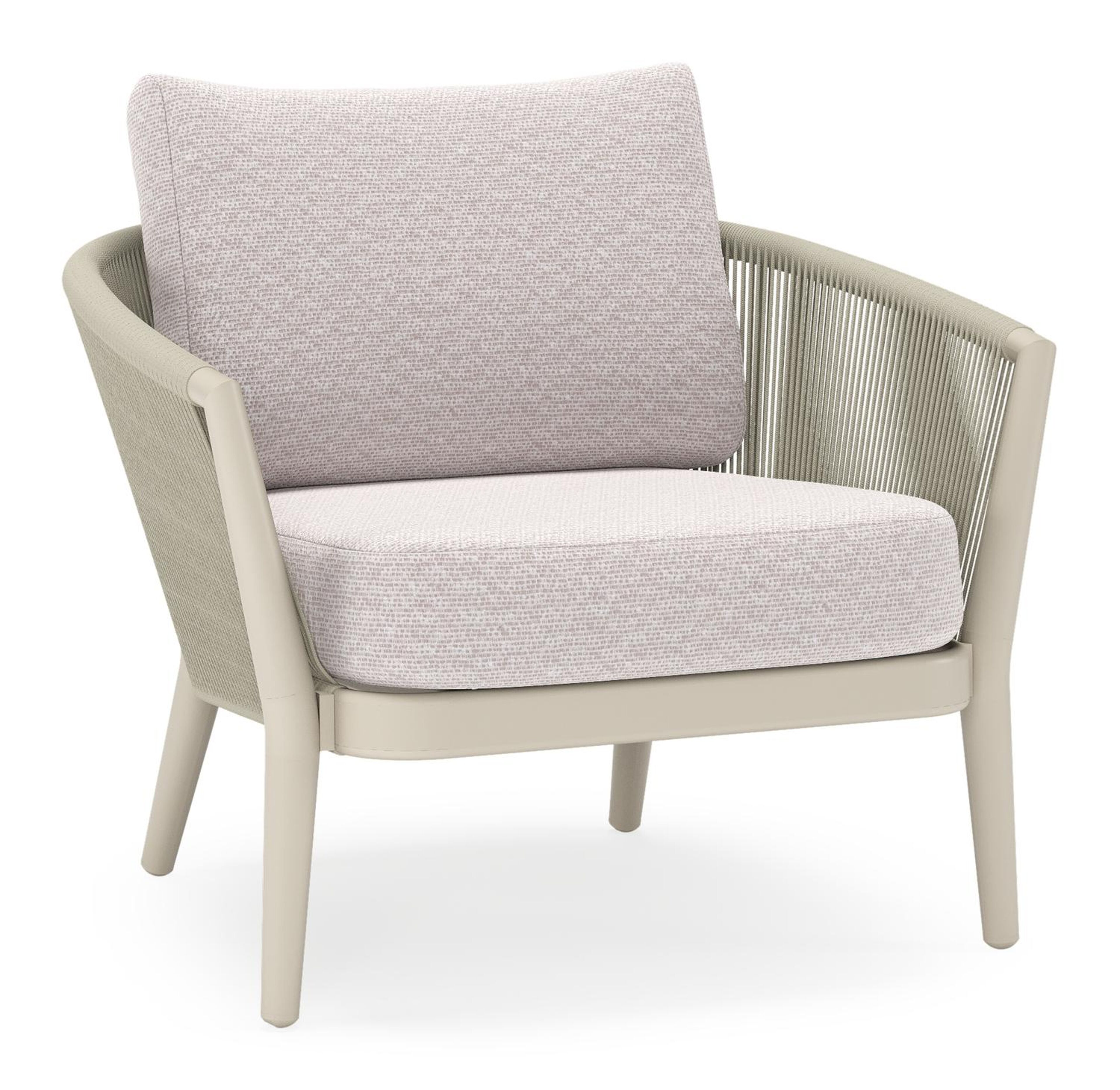 Orso loungestoel in beige aluminium en beige verticaal geweven ronde rope met Wander Gobi all weather sunbrella® luxe kussen
