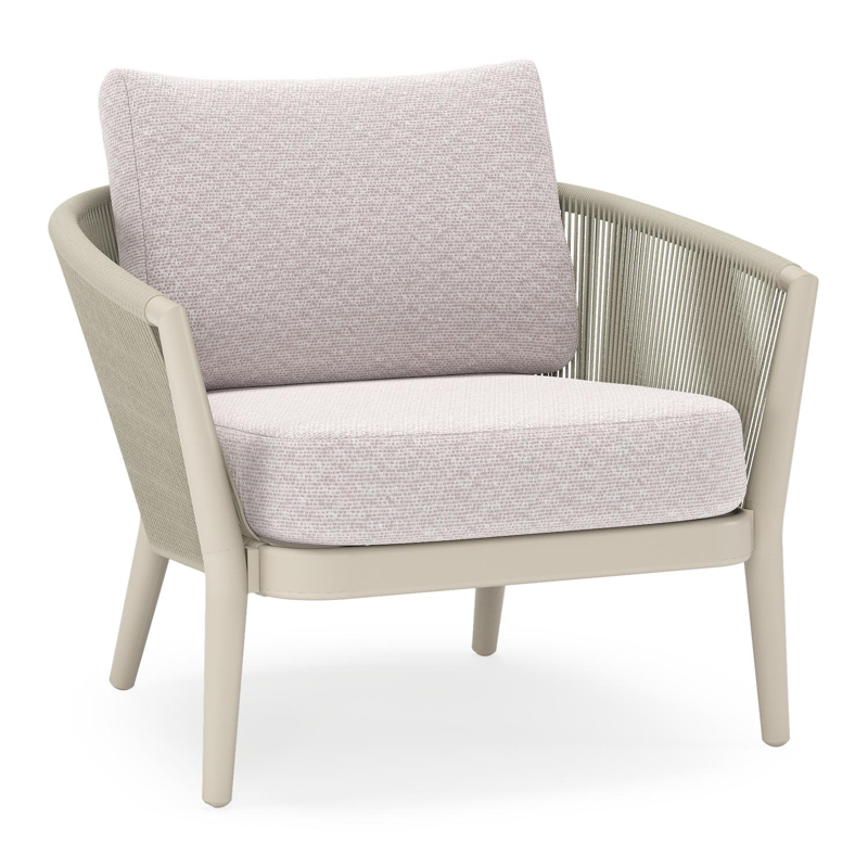 Fauteuil de jardin Orso en aluminium beige en corde ronde tissée verticalement beige et coussins en all weather sunbrella® luxe Wander Gobi