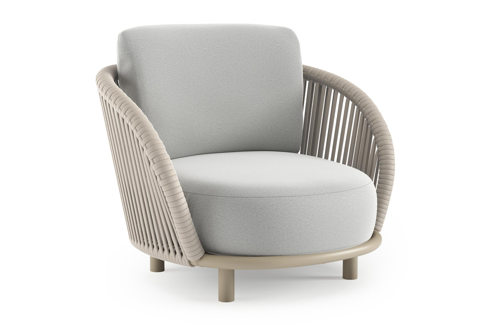 Lupino loungestoel in beige aluminium en beige verticaal geweven luxe vlakke brede rope met natte grey chine all weather sunbrella® luxe kussen