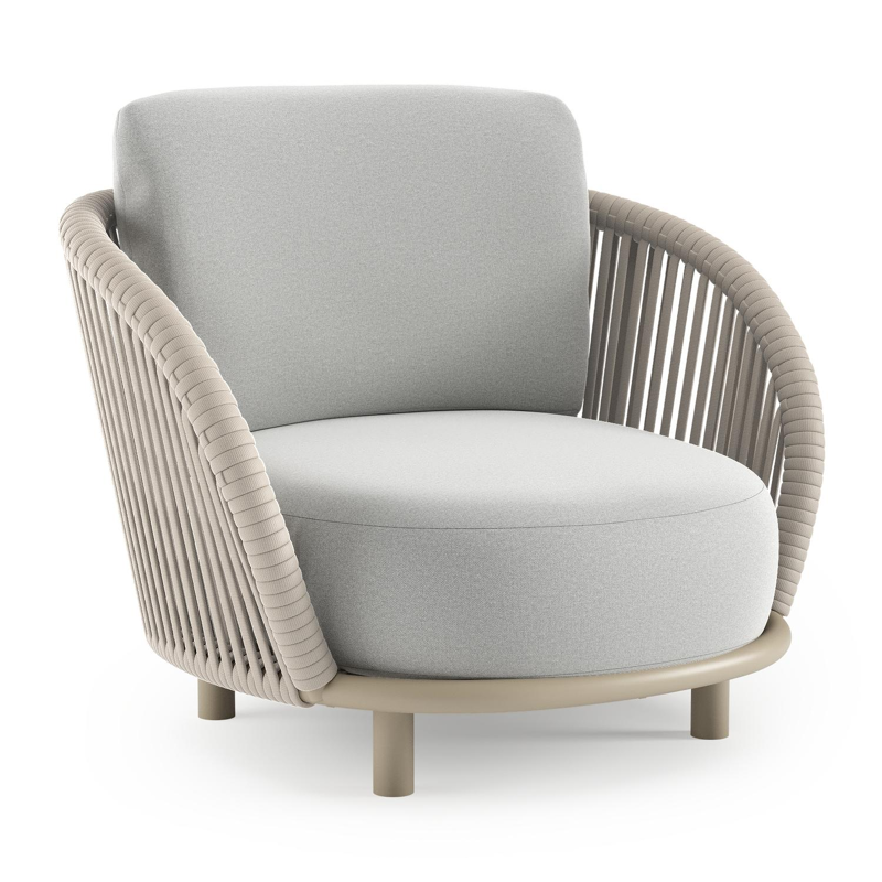 Lupino loungestoel in beige aluminium en beige verticaal geweven luxe vlakke brede rope met natte grey chine all weather sunbrella® luxe kussen