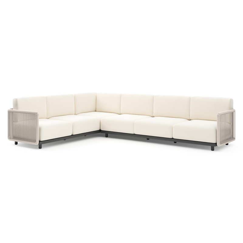 Organo loungehoek in zwart aluminium en beige verticaal geweven luxe vlakke rope met natte white all weather Sunbrella® luxe kussen