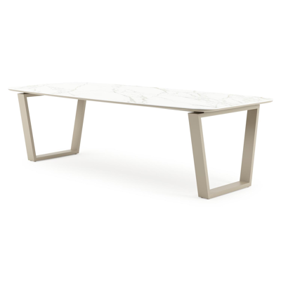 Pagino tuintafel bootvorm in beige aluminium en volkeramiek Calacatta - L 255 x B 115 x H 73 cm