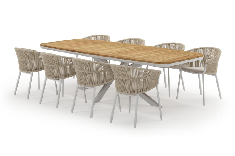 Pamplona bootvormige tuinset in wit aluminium en teak natural finish met 8 Matera tuinstoelen