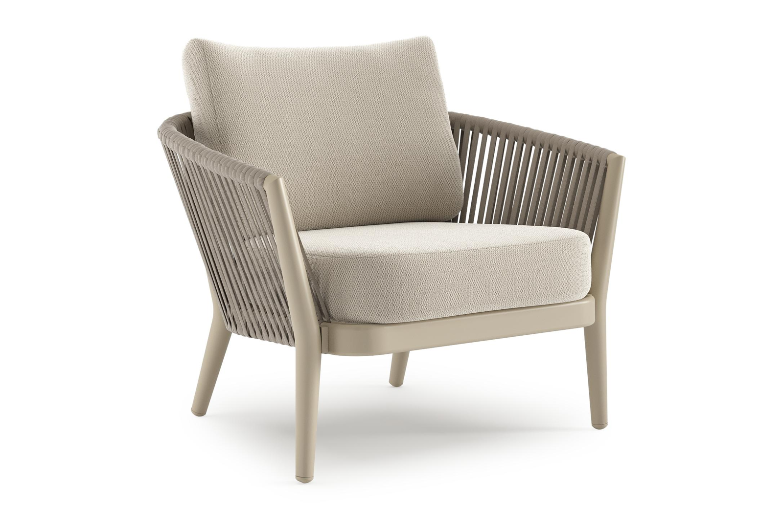 Orso loungestoel in beige aluminium en beige verticaal geweven ronde rope met Lopi Marble all weather sunbrella® luxe kussen