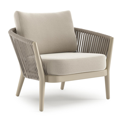 Fauteuil de jardin Orso en aluminium beige en corde ronde tissée verticalement beige et coussins en all weather sunbrella® luxe Lopi Marble