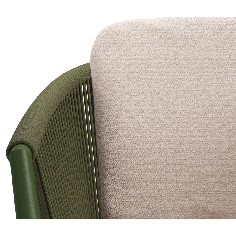 Orso tuinstoel in groen aluminium en groen verticaal geweven ronde rope met luxe zitkussen in All Weather Sunbrella® Luxe Wander Pilat