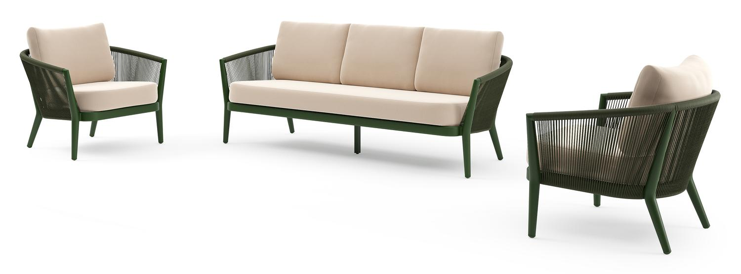 Orso loungeset in groen aluminium en groen verticaal geweven ronde rope met Natte Linen Chalk all weather sunbrella® luxe kussen