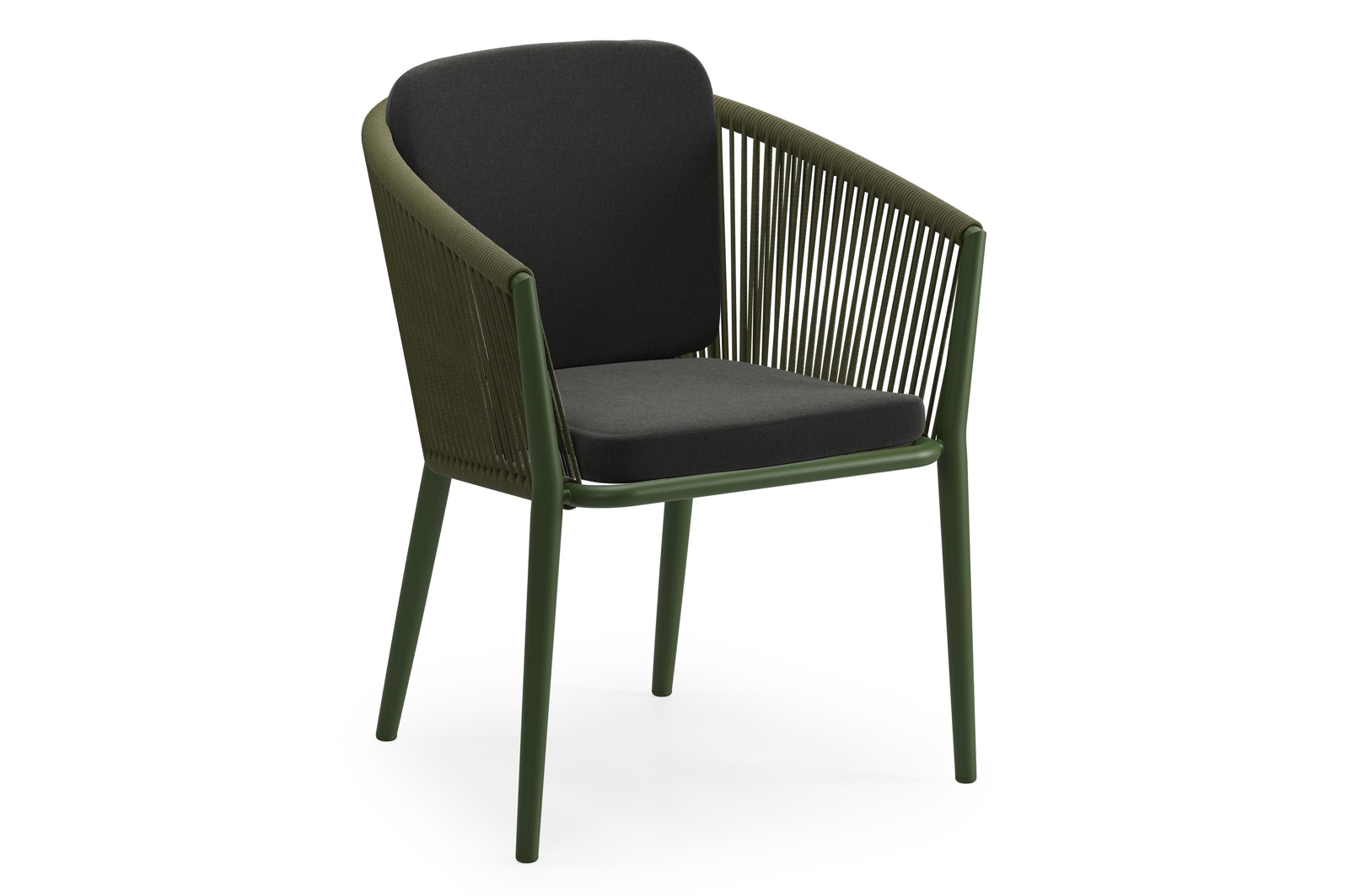 Orso tuinstoel in groen aluminium en groen verticaal geweven ronde rope met zitkussen in All Weather Sunbrella® Luxe Natte Sooty