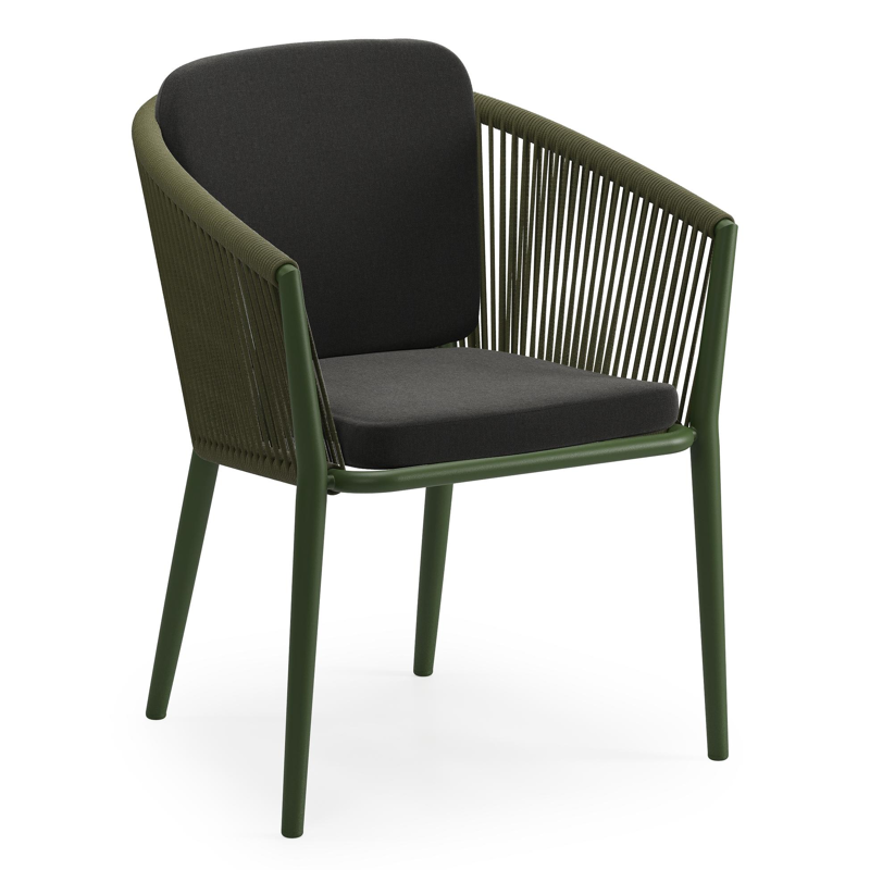 Orso tuinstoel in groen aluminium en groen verticaal geweven ronde rope met zitkussen in All Weather Sunbrella® Luxe Natte Sooty