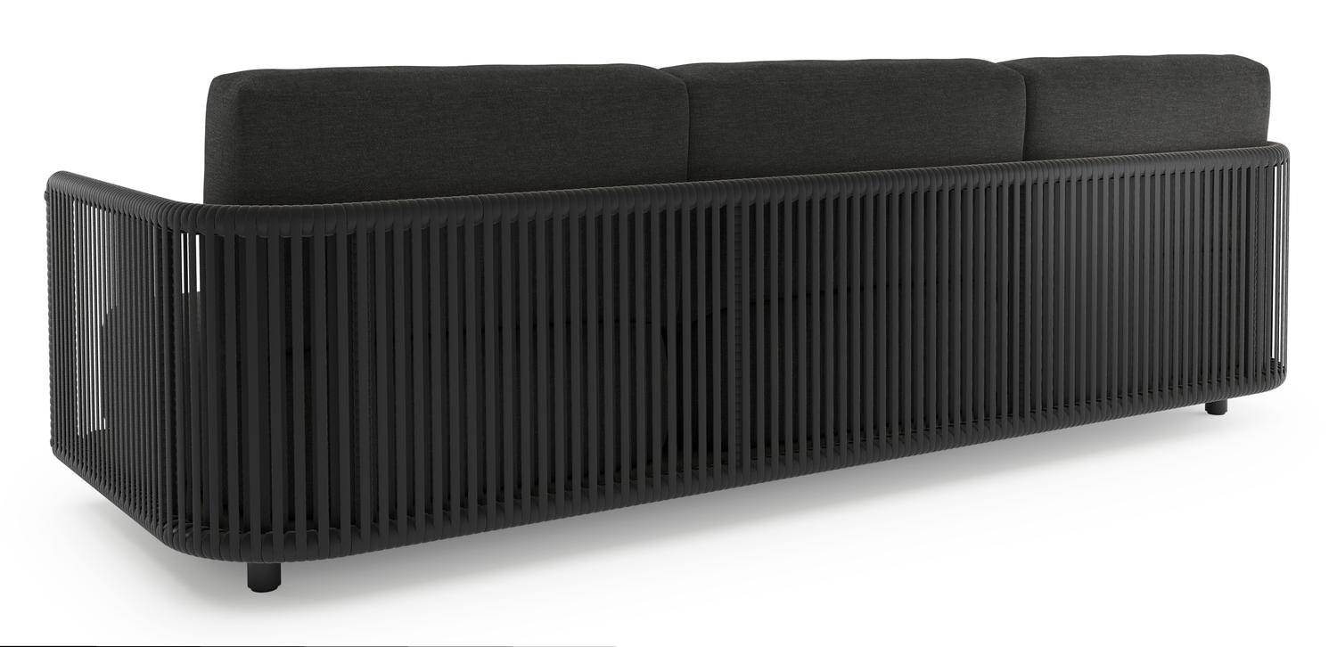 Organo loungeset in zwart aluminium en zwart verticaal geweven luxe vlakke rope met chartres sooty all weather sunbrella® luxe kussens