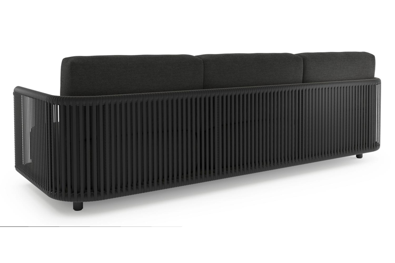 Organo loungeset in zwart aluminium en zwart verticaal geweven luxe vlakke rope met chartres sooty all weather sunbrella® luxe kussens