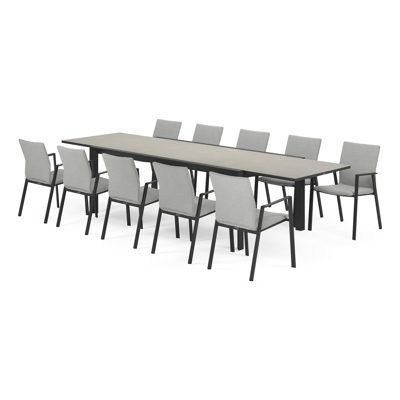 Aspra tuinset met verlengbare tafel in zwart aluminium en grijs volkeramiek op glas tafelblad met 10 stapelbare Madura tuinstoelen