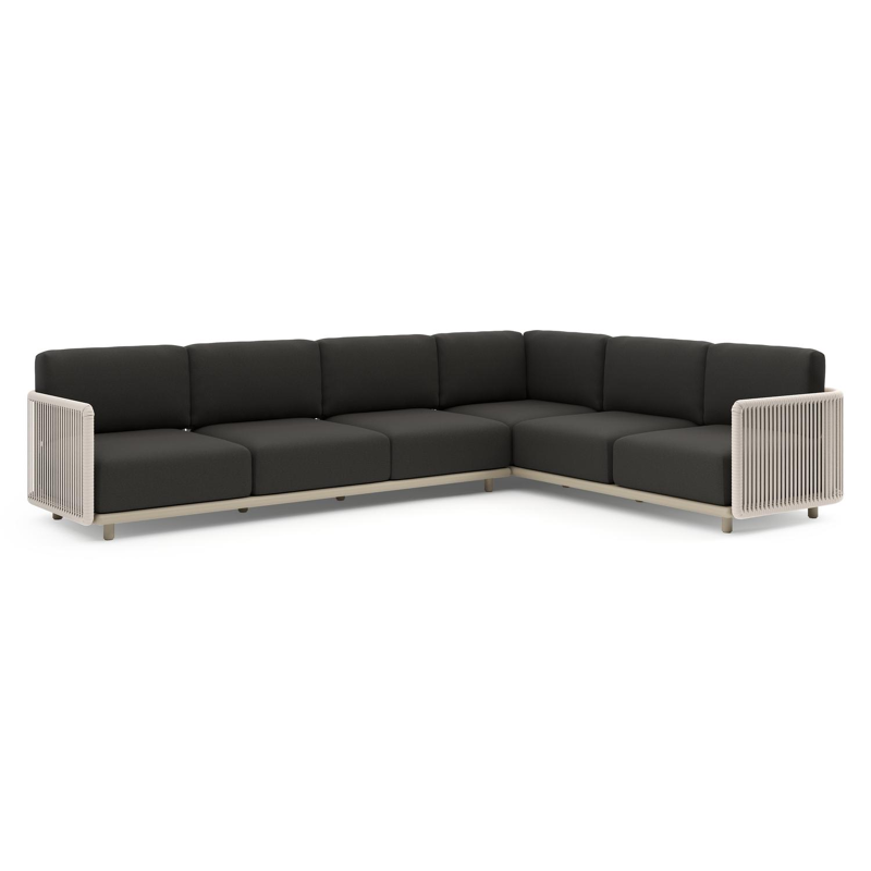 Organo loungehoek in beige aluminium en beige verticaal geweven luxe vlakke rope met heritage char all weather Sunbrella® luxe kussen