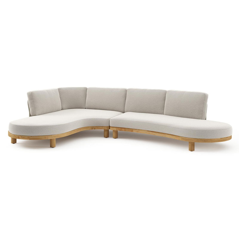 Donato loungehoek in teak en beige verticaal geweven ronde rope met all weather solica Firenze Natural kussen