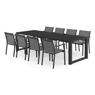 Ensemble de jardin Livo en aluminium noir avec plateau de table en céramique pleine noir et 8 chaises de jardin empilables Bareto