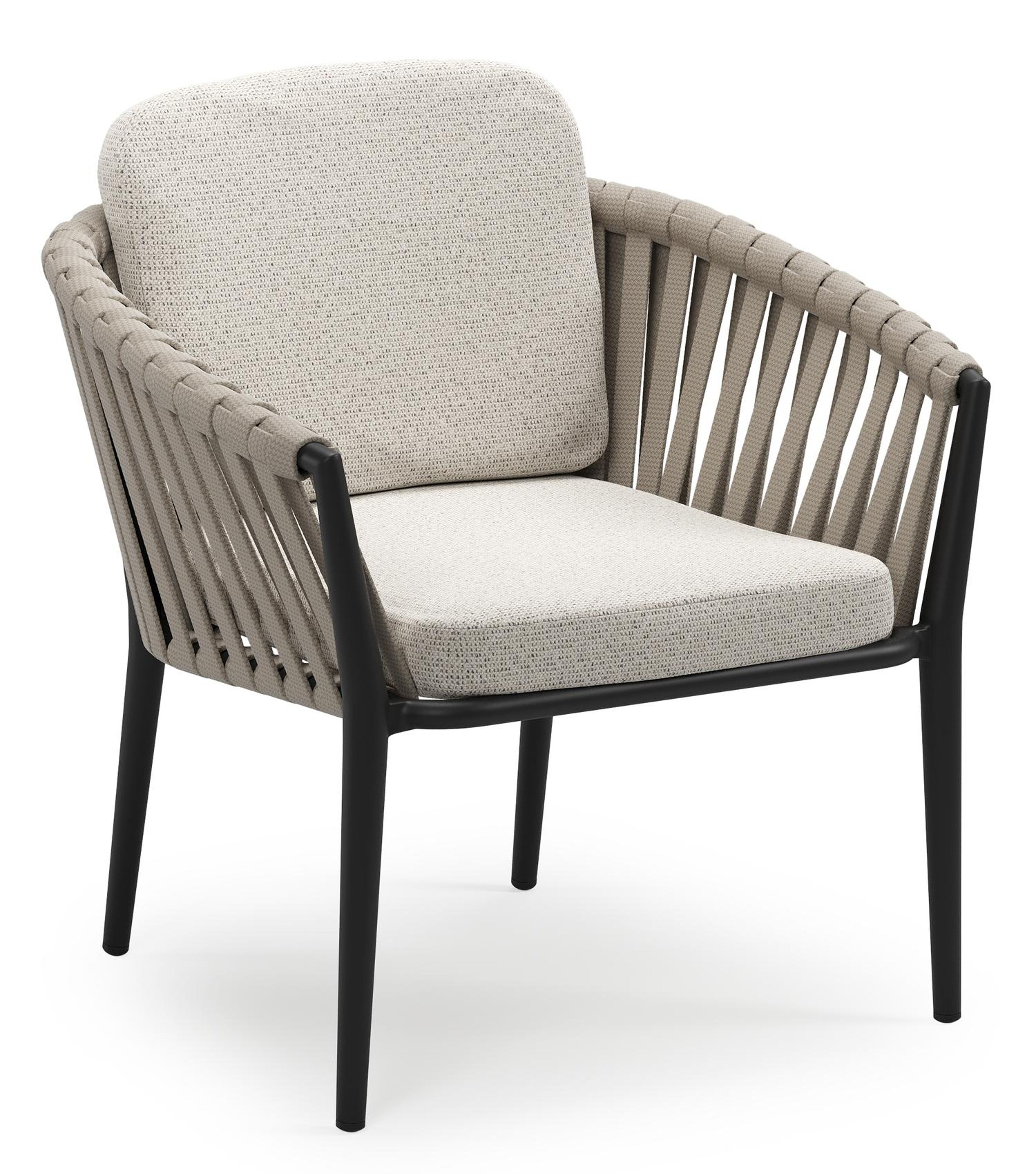 Orso low dining tuinstoel in zwart aluminium en beige verticaal geweven luxe vlakke brede rope met stoelkussen in All Weather Solica Firenze Natural