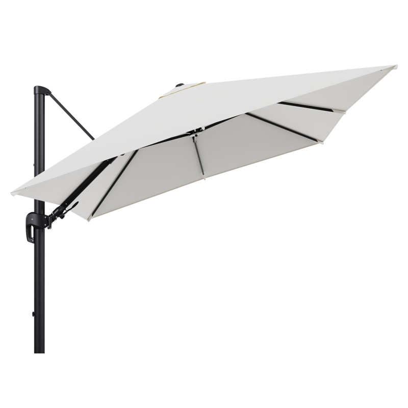 Rufina zweefparasol tiltfunctie in zwart aluminium en parasoldoek in All Weather Sunbrella® Luxe Natte White - L1 300 x L2 300 cm (zonder voet)