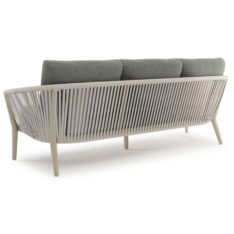 Orso loungeset in beige aluminium en beige verticaal geweven ronde rope met Slow Fern all weather sunbrella® luxe kussen